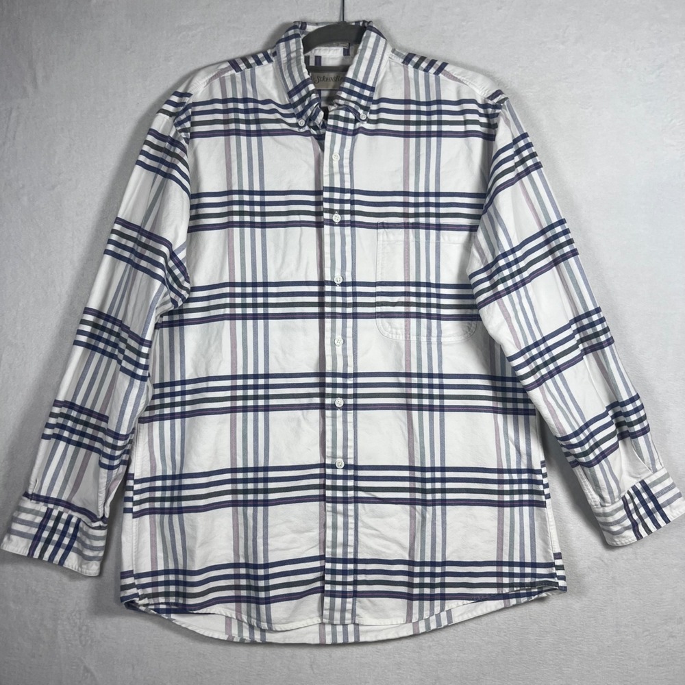 St Johns Bay Mens Large White Plaid Button Down Shirt Long Sleeve 100% Cotton